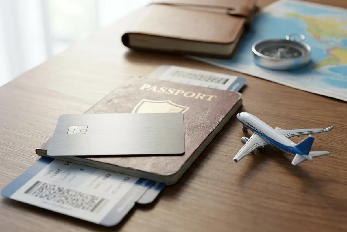 Kartu kredit travel miles dengan paspor dan tiket pesawat untuk perjalanan